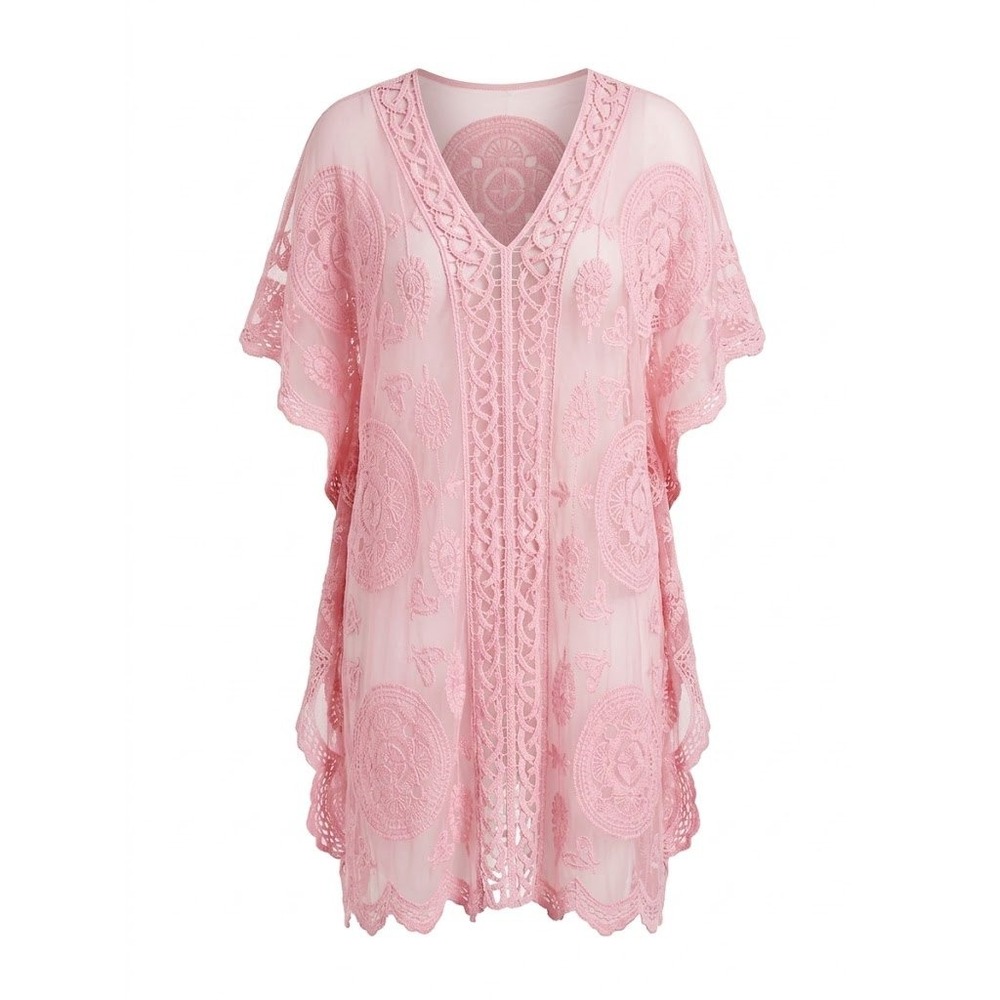 Rachel Zoe Cover Up Women OS Pink Lace Kaftan Boho Chic Coastal Resortwear